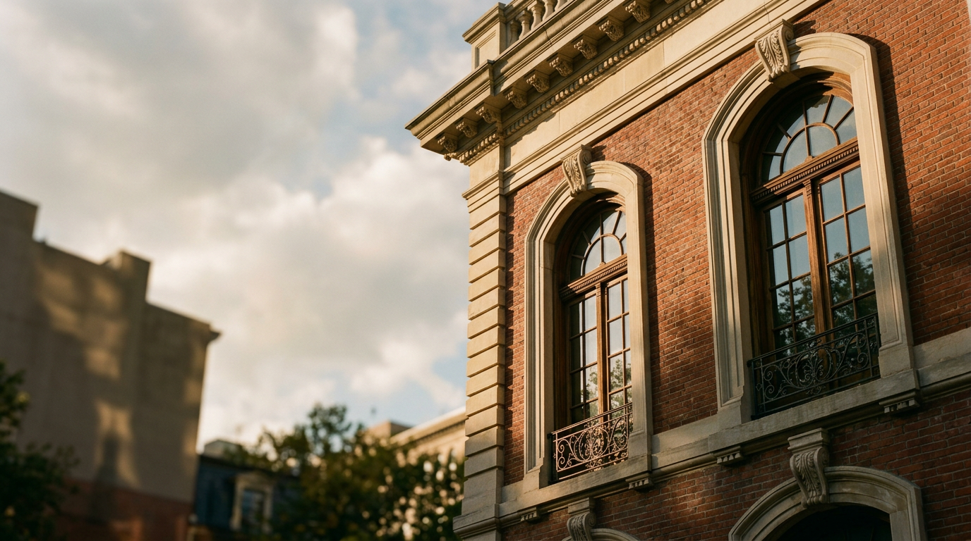 Historic brick and limestone facade at Liberty Square